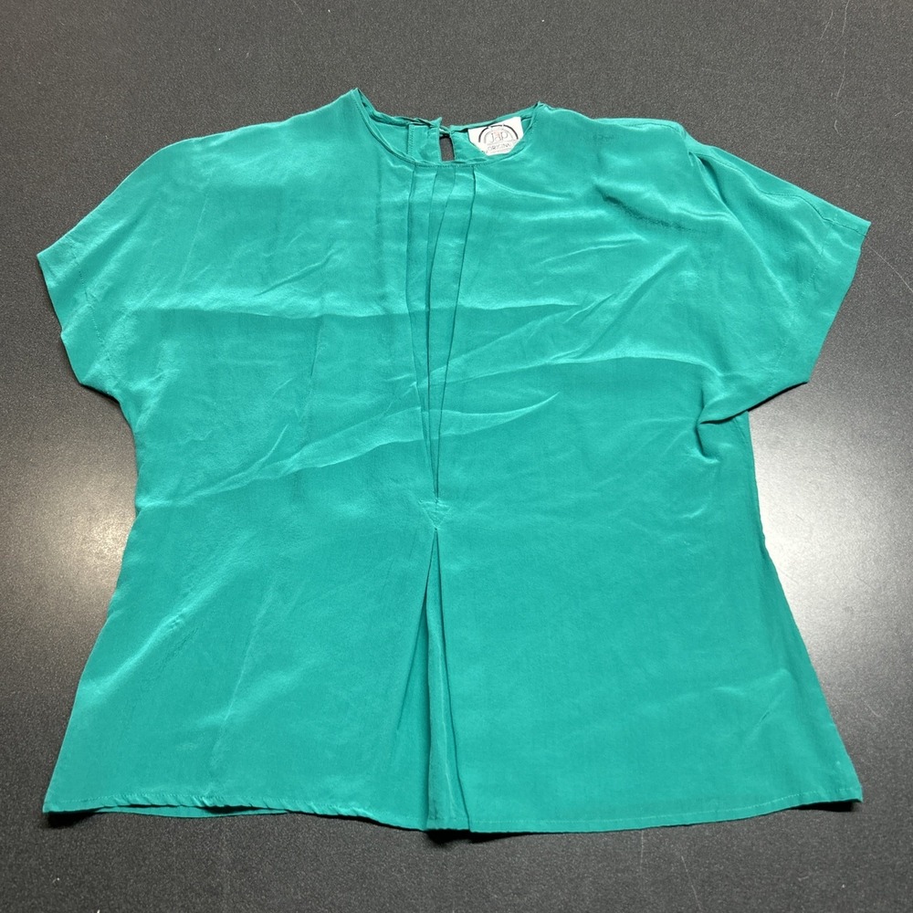Vintage JAP 80s Silk Blouse Top Womens Size 16 Green Short Sleeve Shoulder Pads